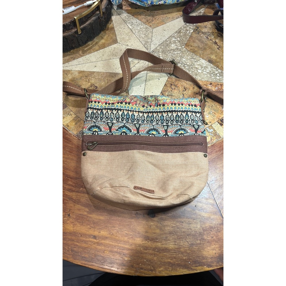 Sakroots Canvas Crossbody Bag Multi-Color Boho Print Tan Brown Adjustable Strap